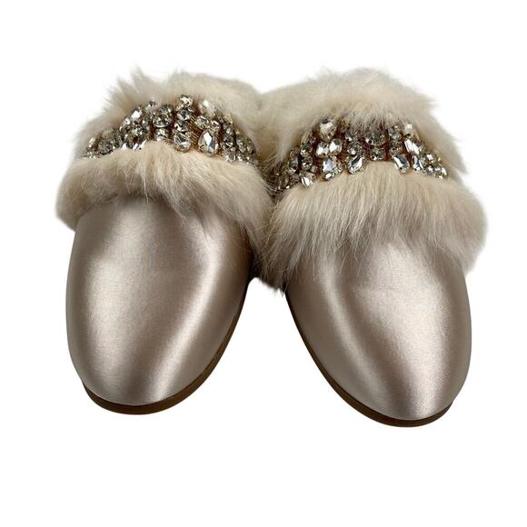 Express Faux Fur Crystal Mule Slippers Pink Coquette Twee Glam Cozy Holiday Chic - Picture 6 of 9